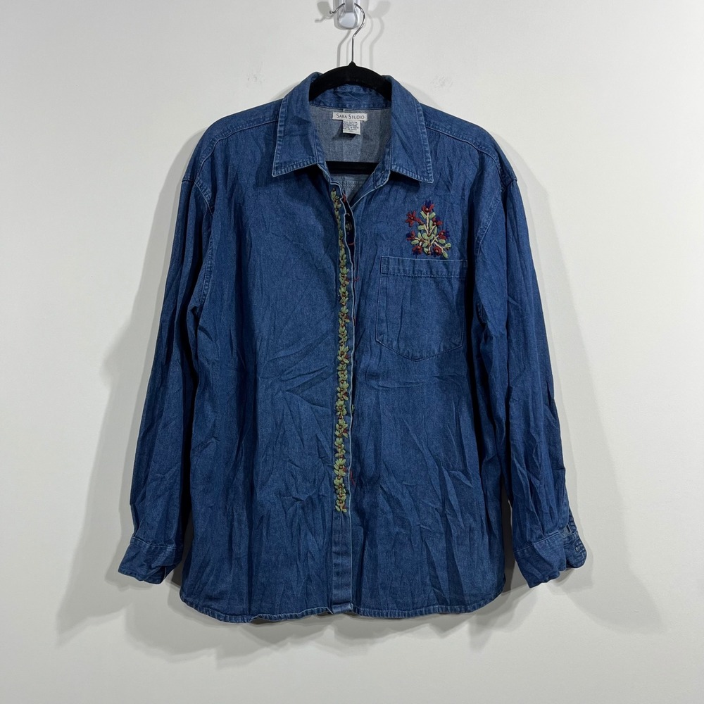 VTG Sara Studio 90s Denim Embroidered Button Down Shirt Womens Large Cottagecore